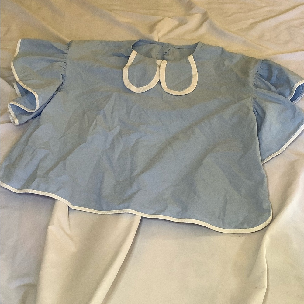Light Blue Peter Pan Collar Puff-Sleeve Blouse with White Trim